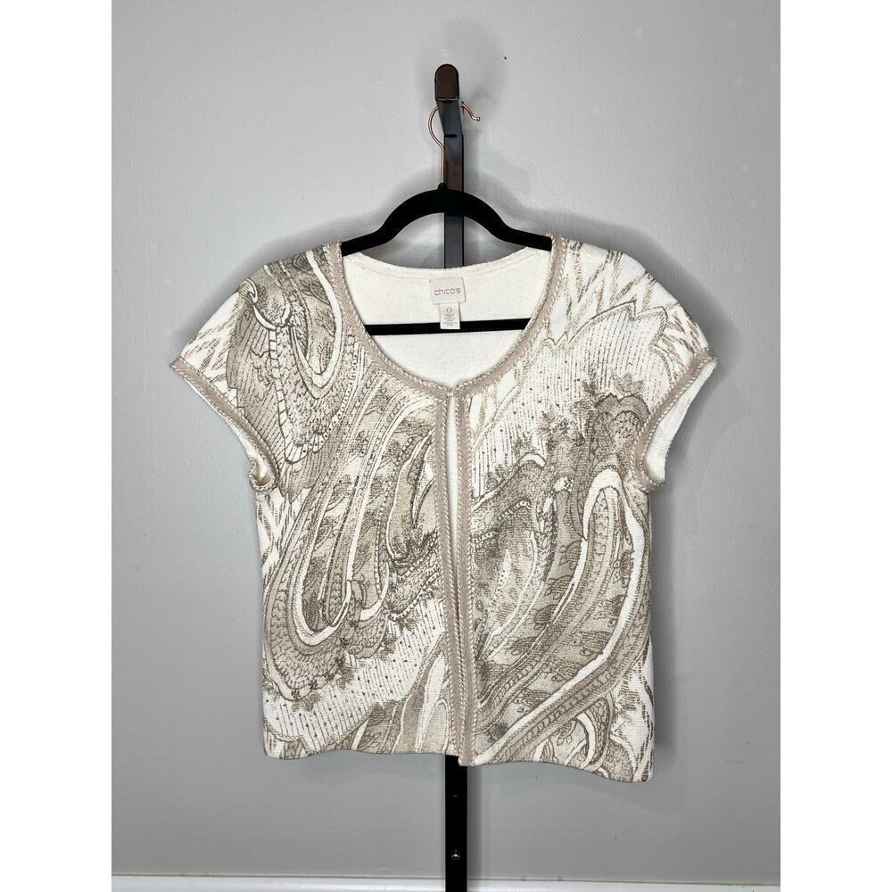Chico's Womens Baroque Embellished Cardigan Sweater Short Sleeve Cream 0/S - Picture 3 of 9